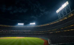 満員のナイター球場を外野スタンド側から見上げる情景、照明塔と夜空