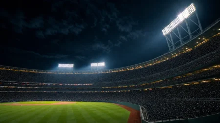 満員のナイター球場を外野スタンド側から見上げる情景、照明塔と夜空