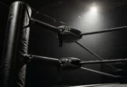 プロレスリングのコーナーポストとロープ、劇的な照明のクローズアップ