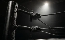 プロレスリングのコーナーポストとロープ、劇的な照明のクローズアップ