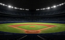 ナイター照明に照らされたドーム球場の内野グラウンドと観客席