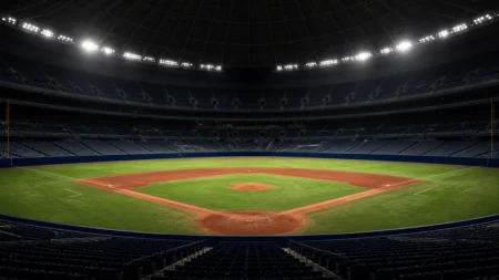 ナイター照明に照らされたドーム球場の内野グラウンドと観客席