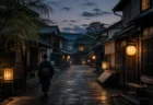行灯の灯りに照らされた江戸の町並みと着物姿の人物のシルエット