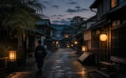 行灯の灯りに照らされた江戸の町並みと着物姿の人物のシルエット