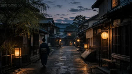 行灯の灯りに照らされた江戸の町並みと着物姿の人物のシルエット