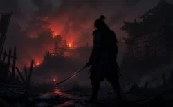 炎に包まれた和風の城を背景に、青い甲冑をまとった侍風の人物が刀を構えて立つ、逆光のドラマチックな情景