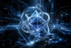 青白い回路網の中に浮かぶ多面体と結び目状の抽象的な数学構造