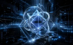 青白い回路網の中に浮かぶ多面体と結び目状の抽象的な数学構造