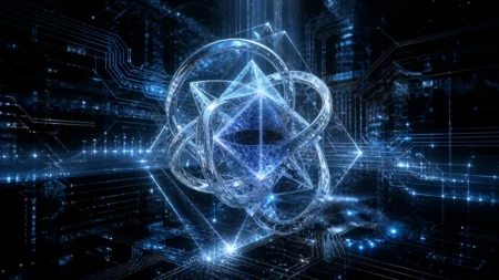 青白い回路網の中に浮かぶ多面体と結び目状の抽象的な数学構造