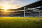 夕暮れの無人サッカースタジアムとゴールネット