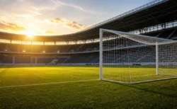夕暮れの無人サッカースタジアムとゴールネット