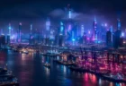 ネオンライトが輝く近未来的な港湾都市の夜景のイメージ