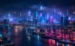 ネオンライトが輝く近未来的な港湾都市の夜景のイメージ