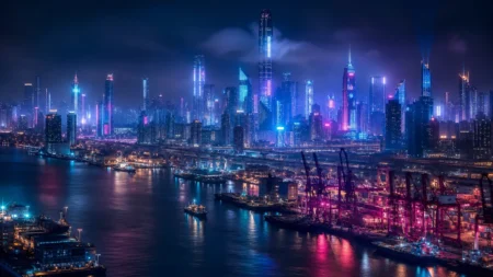 ネオンライトが輝く近未来的な港湾都市の夜景のイメージ