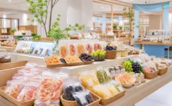 夏の物産フェスタを思わせる明るい百貨店の催事場の陳列棚