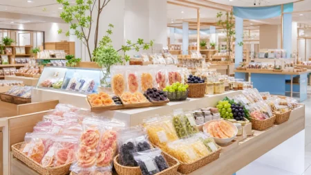 夏の物産フェスタを思わせる明るい百貨店の催事場の陳列棚