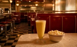 赤いブース席とクロームの装飾が並ぶレトロなアメリカンダイナーの店内、テーブルにミルクセーキとポップコーン