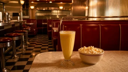赤いブース席とクロームの装飾が並ぶレトロなアメリカンダイナーの店内、テーブルにミルクセーキとポップコーン
