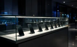 夜のスマートフォンショップのショーケースに並ぶ端末のシルエット