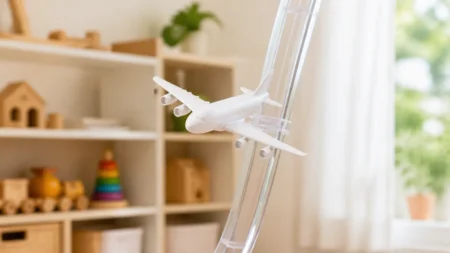 明るい子供部屋で無地の白い旅客機のおもちゃが透明な縦型レールに沿って浮かぶように飛んでいる写実的な情景