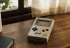 木製の机に置かれたレトロな携帯ゲーム機、窓辺からの柔らかい光