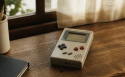 木製の机に置かれたレトロな携帯ゲーム機、窓辺からの柔らかい光