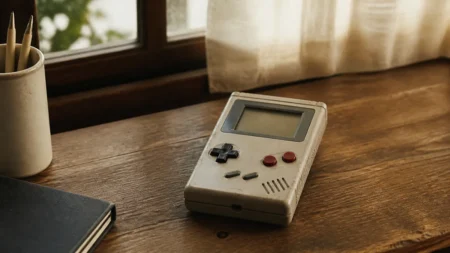 木製の机に置かれたレトロな携帯ゲーム機、窓辺からの柔らかい光
