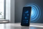 スマートフォンの背面から5G電波を示す同心円状の光の波紋が広がるイメージ