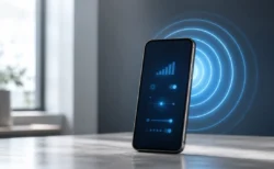 スマートフォンの背面から5G電波を示す同心円状の光の波紋が広がるイメージ