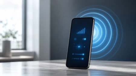 スマートフォンの背面から5G電波を示す同心円状の光の波紋が広がるイメージ