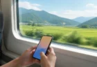 新幹線の車窓越しに流れる田園風景を背景に、スマートフォンを操作する手元