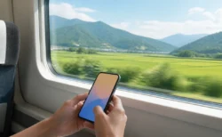 新幹線の車窓越しに流れる田園風景を背景に、スマートフォンを操作する手元