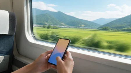 新幹線の車窓越しに流れる田園風景を背景に、スマートフォンを操作する手元