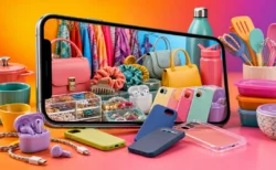 スマートフォンの画面越しにファッション小物やスマホアクセサリー、キッチン雑貨がカラフルに並ぶイメージ