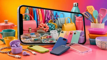スマートフォンの画面越しにファッション小物やスマホアクセサリー、キッチン雑貨がカラフルに並ぶイメージ