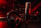 赤い照明のレコーディングスタジオに置かれたマイクとヘッドフォン、力強く情熱的な雰囲気の情景