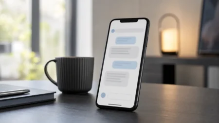 スマートフォンでチャット型AIアプリを操作するイメージの写実的な情景