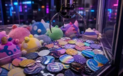 夜のゲームセンターにあるクレーンゲーム機の内部、カラフルな抽象柄の缶バッジとぬいぐるみ風の景品