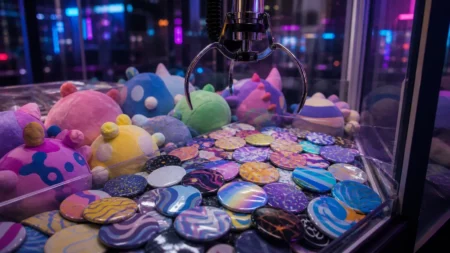 夜のゲームセンターにあるクレーンゲーム機の内部、カラフルな抽象柄の缶バッジとぬいぐるみ風の景品