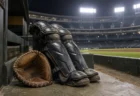 ナイター照明の下、球場のダグアウト脇にキャッチャーミットとレガースが並べて置かれている写実的情景