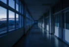 夕暮れ時の高校の廊下、青みがかった儚い光が窓から差し込み長い影が伸びる情景