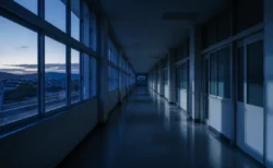 夕暮れ時の高校の廊下、青みがかった儚い光が窓から差し込み長い影が伸びる情景