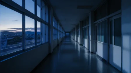 夕暮れ時の高校の廊下、青みがかった儚い光が窓から差し込み長い影が伸びる情景