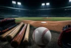 ナイター照明の野球場、マウンドとホームベースを結ぶラインを見下ろす構図と整然と並ぶバット・グローブ