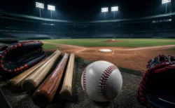 ナイター照明の野球場、マウンドとホームベースを結ぶラインを見下ろす構図と整然と並ぶバット・グローブ