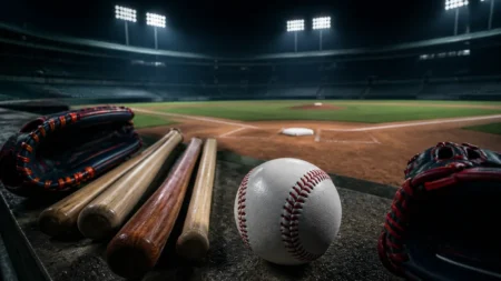 ナイター照明の野球場、マウンドとホームベースを結ぶラインを見下ろす構図と整然と並ぶバット・グローブ