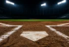 夜間照明に照らされたホームベース付近のクローズアップ