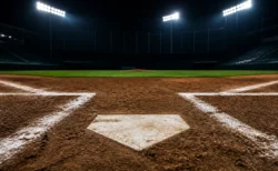 夜間照明に照らされたホームベース付近のクローズアップ