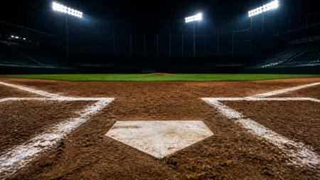 夜間照明に照らされたホームベース付近のクローズアップ