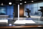 テレビ生放送スタジオのアナウンサー席をイメージした写真